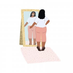 A close up of a woman smiling at herself in a mirror. Learn how therapy for teens in Branchburg, NJ can offer support via online therapy for teens and in person by contacting a teen counselor Scotch Plains, NJ.