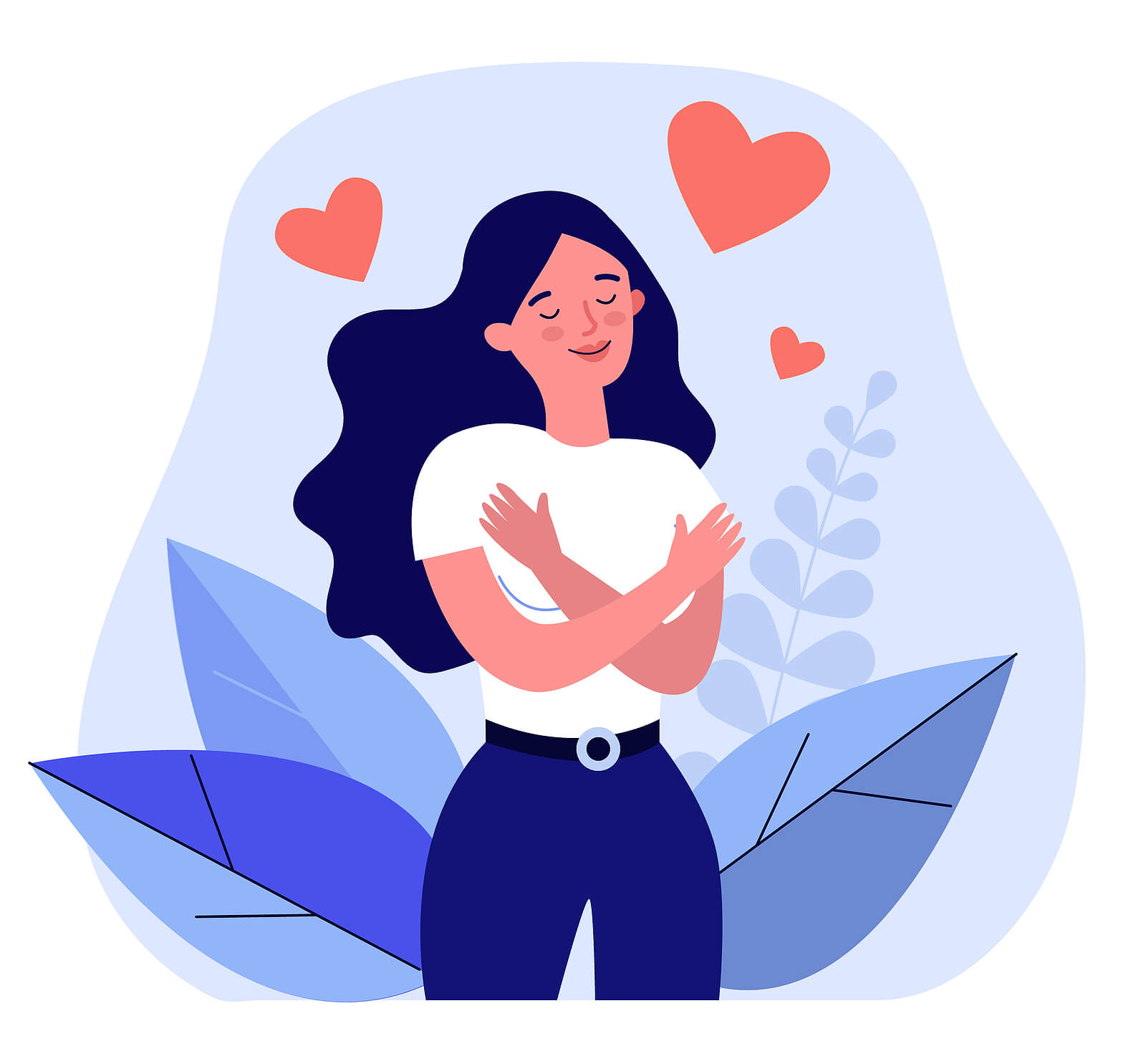 A graphic of a woman hugging herself. This could represent the self love cultivated through therapy for teens in Branchburg, NJ. Learn more about online therapy for teens by searching for teen counselor Scotch Plains, NJ today.