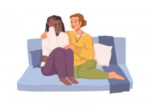 A vector image of a mother comforting their teen while resting a supportive hand around their shoulder. Learn more about how online therapy for teens NJ can help your teen dancer. Search for parenting help in Scotch Plains, NJ for more info about how adolescent therapy NJ can help today.