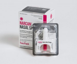 A Scotch Plains NJ therapist can help teach the benefits of using a Narcan nasal spray packaging with a single dose device shown in front of the box.